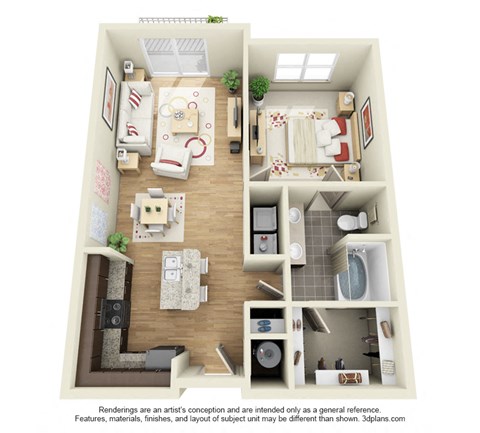 a stylized floor plan with a bedroom and living room